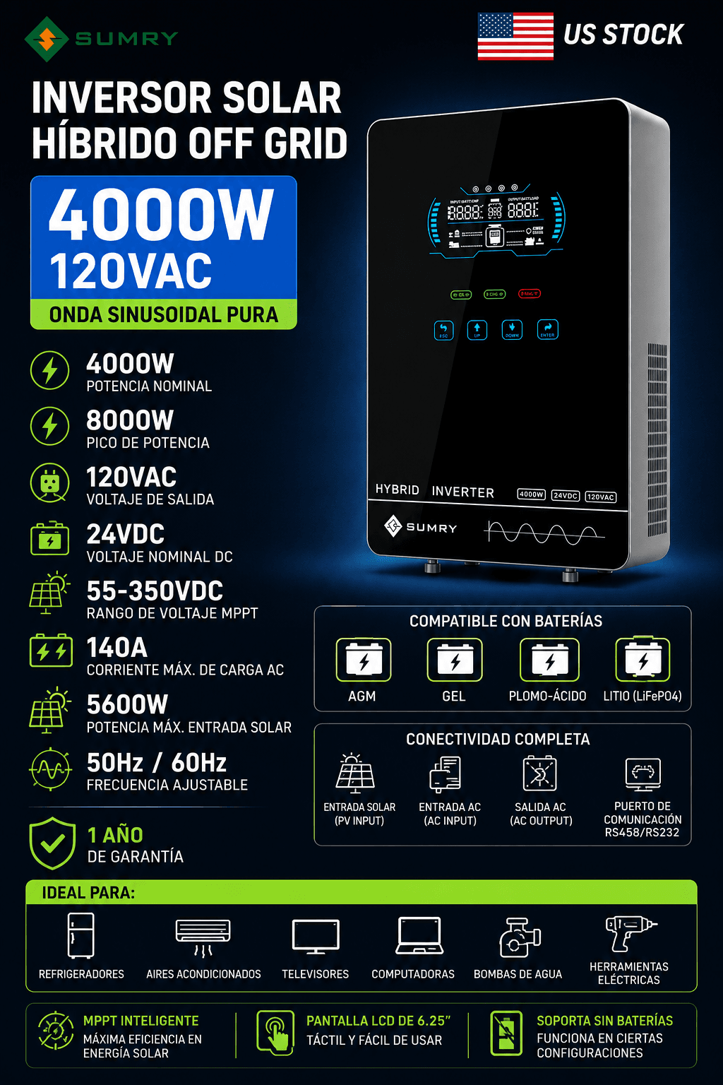 SUMRY-inversor Solar Hibrido, 4KW,, 120V, 24V, 140A,cargador MPPT, inversor doméstico de onda sinusoidal pura, pantalla