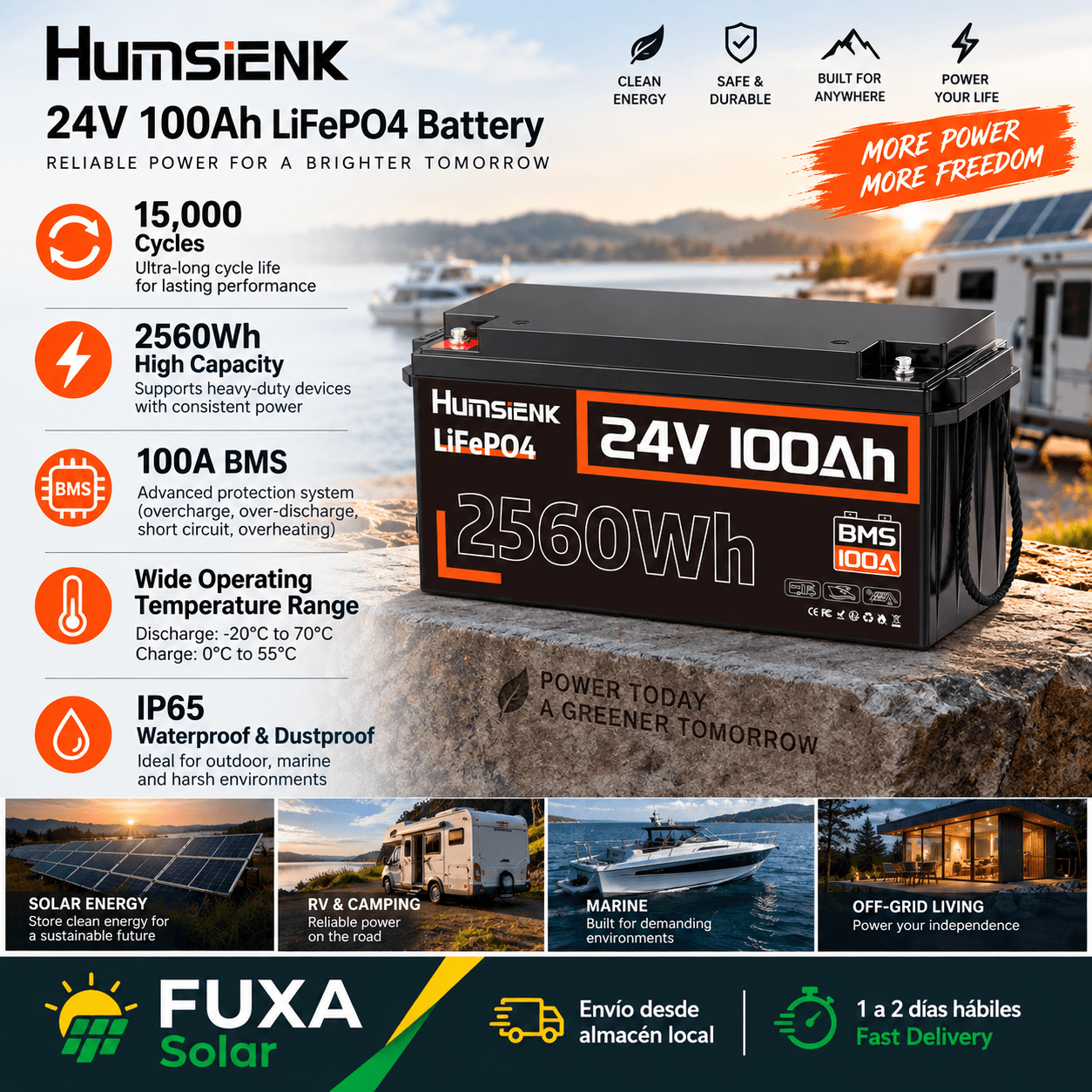 Batería LiFePO4 Humsienk 24V 100Ah, 2560Wh, BMS 100A